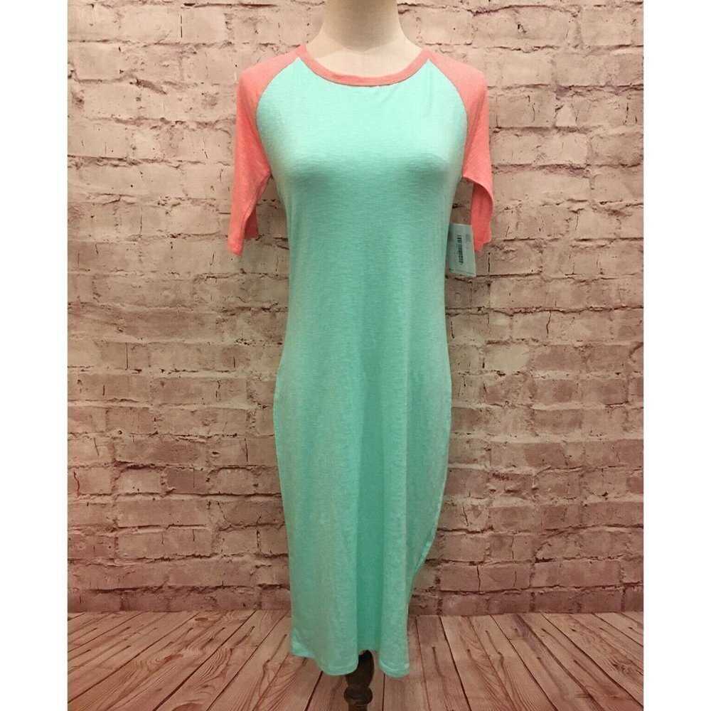 LuLaRoe JULIA Dress Raglan Short Sleeve Mint Green Pink BodyCon Stretch Size XS